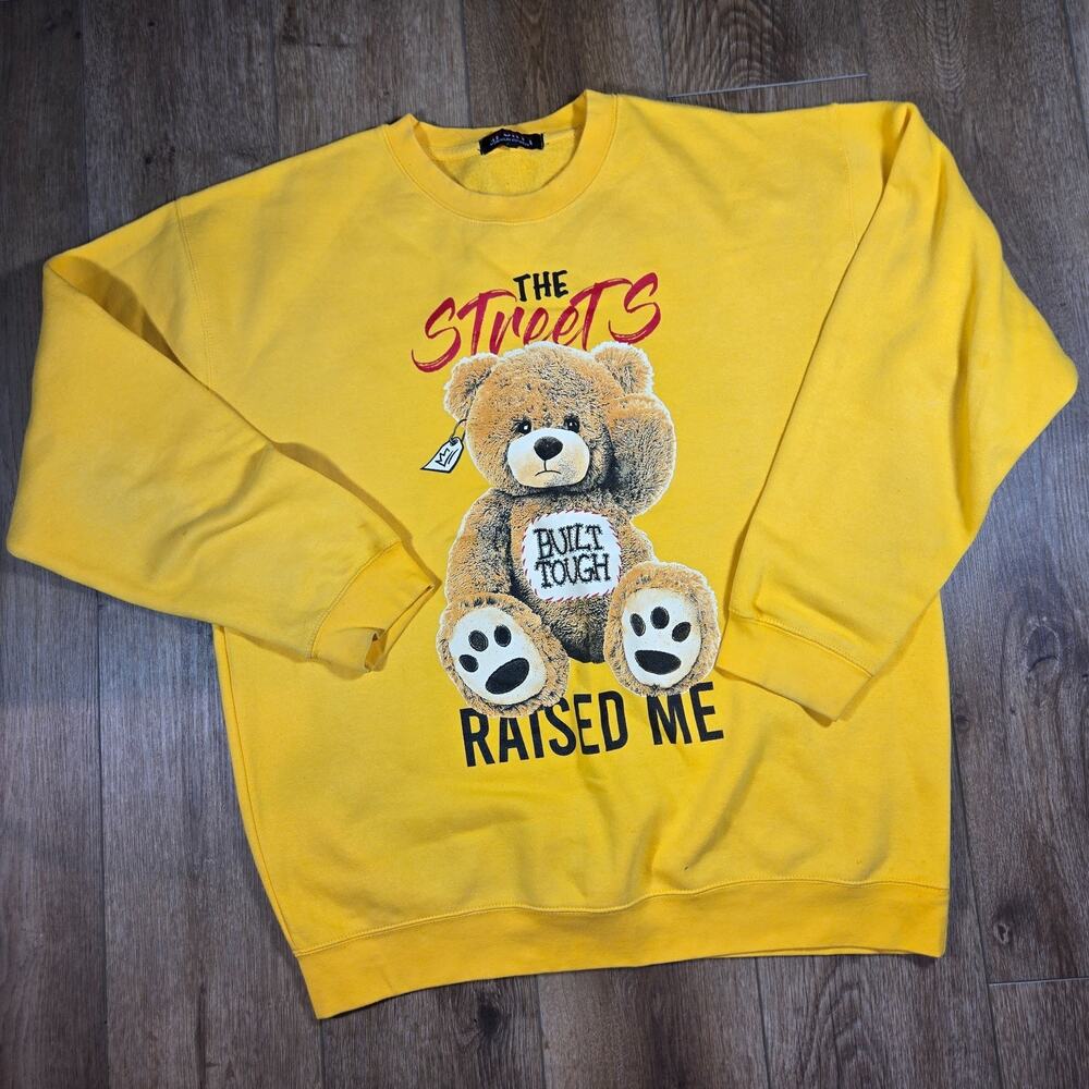 3Forty Streets Raised Me Varsity Crewneck Sweatshirt Yellow XL Knit Pullover